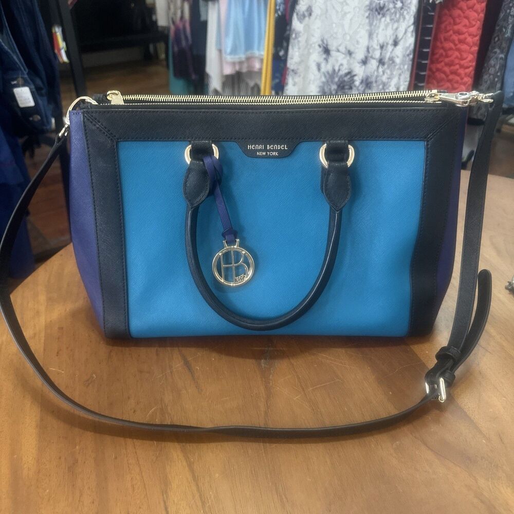 Retro Henri Bendel 57th Color Block Tote Bag 14.5" W/ Teal Front Purple sides